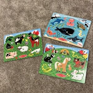 Melissa & Doug Animals Wooden Peg Puzzles Set - Farm, Pets, and Ocean
